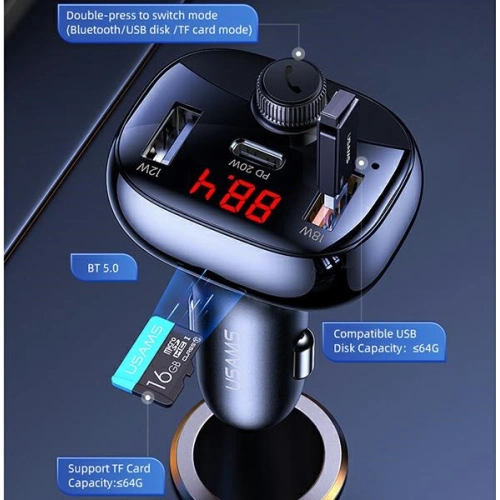 Kup FM-Transmitter USAMS C25 50W, Freisprecheinrichtung, Bluetooth, MP3, 2xUSB / USB-C schwarz/black CC143TC01 - USA786BLK - {ean13} - Sklep Home Screen