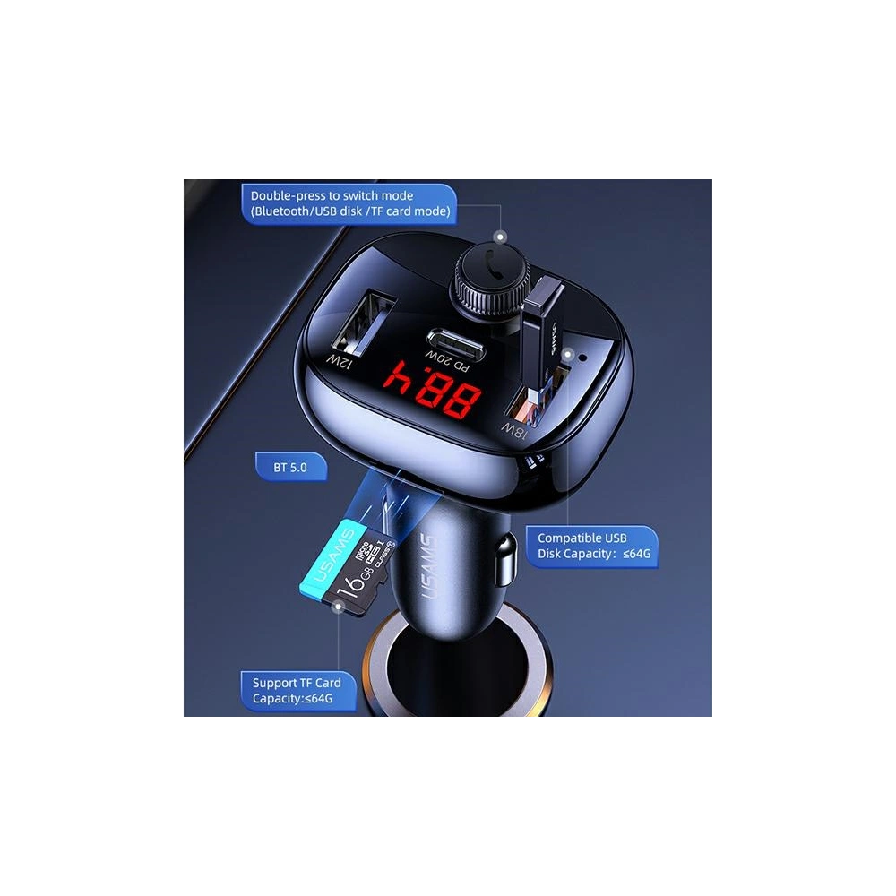 Transmiter FM USAMS C25 50W, zestaw głośnomówiący, Bluetooth, MP3, 2xUSB / USB-C czarny/black CC143TC01