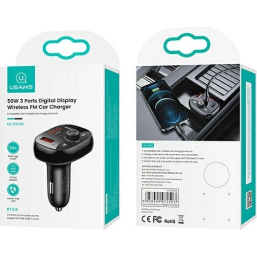 Kup Transmițător FM USAMS C25 50W, kit hands-free, Bluetooth, MP3, 2xUSB / USB-C negru/black CC143TC01 - USA786BLK - {ean13} - Sklep Home Screen