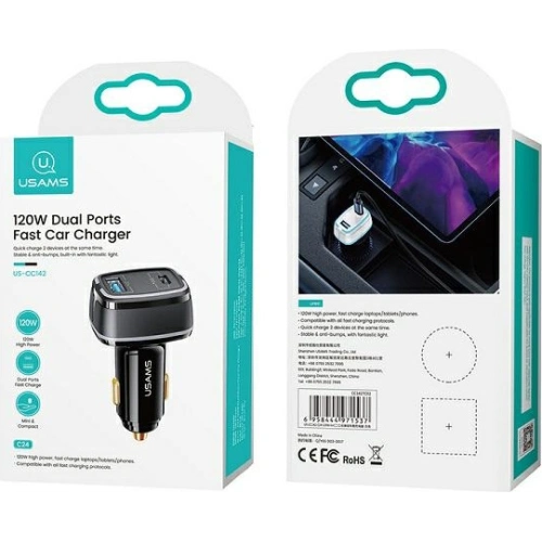 Kup USAMS C24 Autoladegerät 1xUSB+1xUSB-C 120W Schnellladung schwarz/black CC142TC01 - USA484BLK - {ean13} - Sklep Home Screen