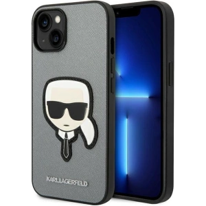 Etui Karl Lagerfeld KLHCP14MSAPKHG Apple iPhone 14 Plus / 15 Plus srebrny/silver hardcase Saffiano Karl`s Head Patch