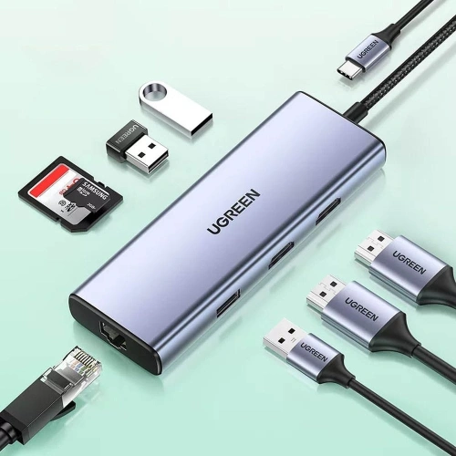 Kup Hub UGREEN CM490 9v1 USB-C - 2xUSB 3.2 Gen 1/USB 2.0/2xHDMI 4K 60Hz/čtečka karet SD, TF/USB-C PD 100W/Ethernet RJ45 šedý - UGR1409 - {ean13} - Sklep Home Screen