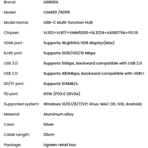 Kup Hub UGREEN CM490 9w1 USB-C - 2xUSB 3.2 Gen 1/USB 2.0/2xHDMI 4K 60Hz/SD-, TF-Kartenleser/USB-C PD 100W/Ethernet RJ45 grau - UGR1409 - {ean13} - Sklep Home Screen