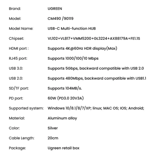 Kup Hub UGREEN CM490 9w1 USB-C - 2xUSB 3.2 Gen 1/USB 2.0/2xHDMI 4K 60Hz/SD-, TF-Kartenleser/USB-C PD 100W/Ethernet RJ45 grau - UGR1409 - {ean13} - Sklep Home Screen
