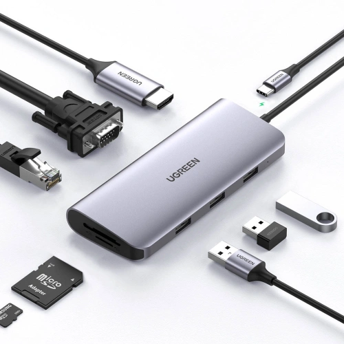 Kup Hub UGREEN CM179 9w1 USB-C - 3x USB 3.2 Gen/HDMI (4K@60Hz)/VGA (Full HD@60Hz)/Ethernet/čtečka karet TF, SD/USB-C PD 100W šedý - UGR1411 - {ean13} - Sklep Home Screen