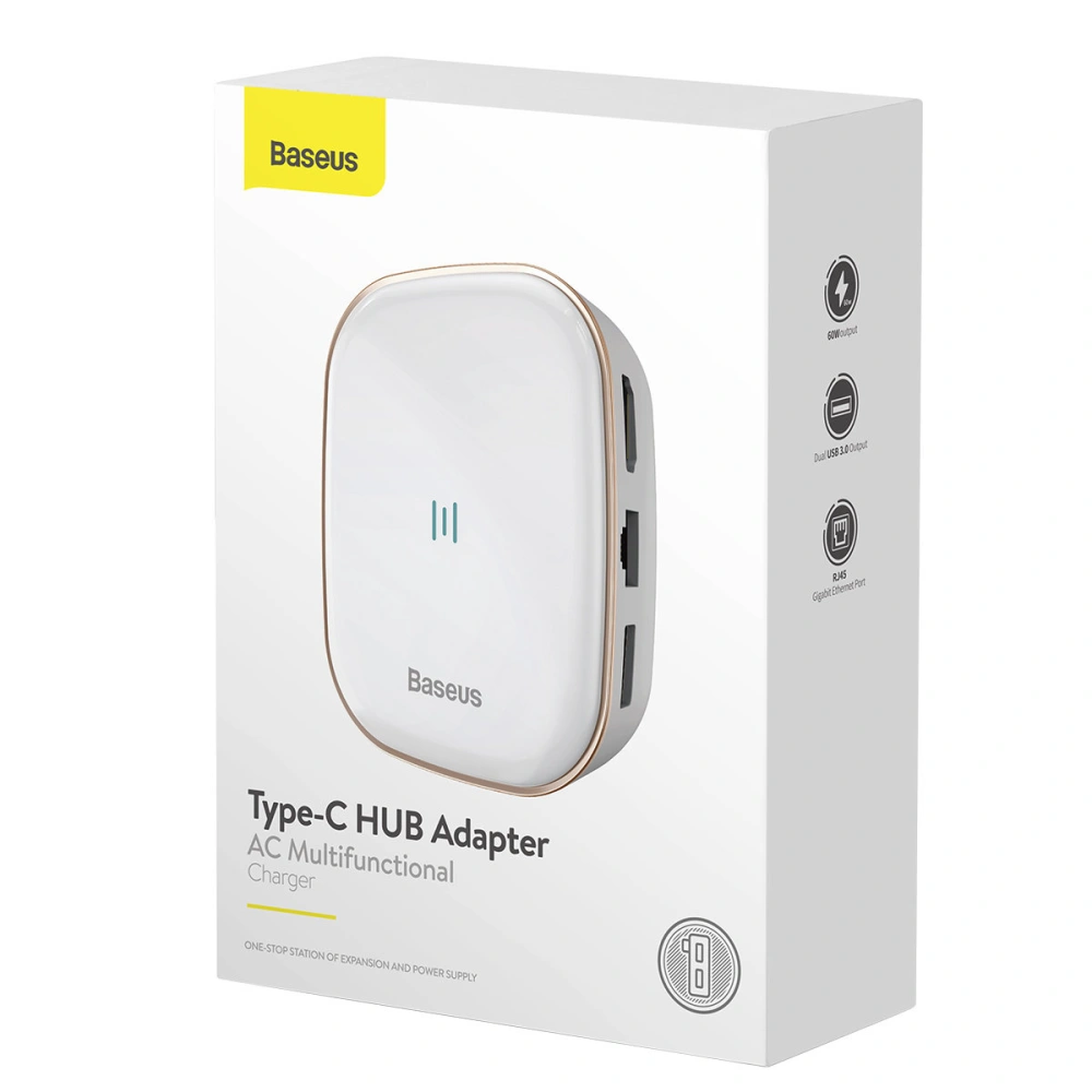 Hub Baseus 6in1 USB-C/czytnik kart pamięci/zewnętrzna karta sieciowa/USB 3.0/RJ45/HDMI/SD/micro SD PD 60W biały