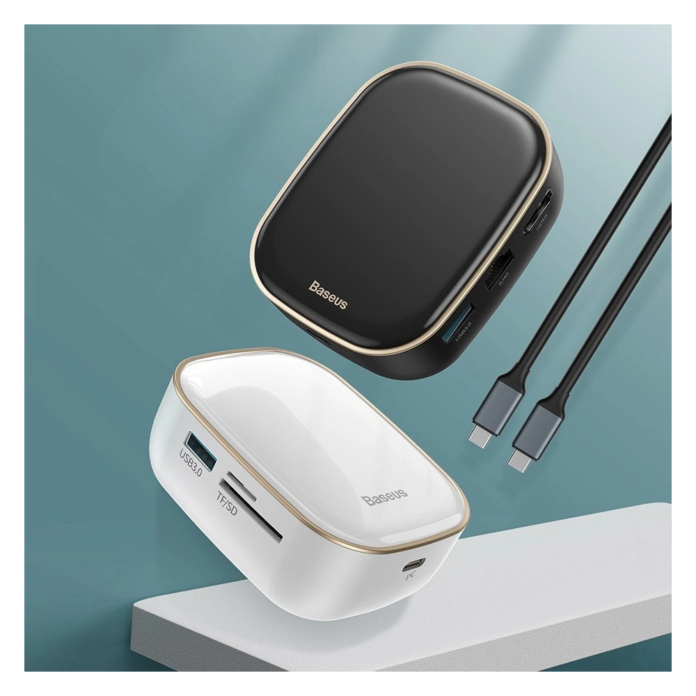 Hub Baseus 6in1 USB-C/czytnik kart pamięci/zewnętrzna karta sieciowa/USB 3.0/RJ45/HDMI/SD/micro SD PD 60W biały