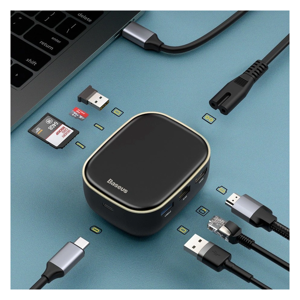 Hub Baseus 6in1 USB-C/czytnik kart pamięci/zewnętrzna karta sieciowa/USB 3.0/RJ45/HDMI/SD/micro SD PD 60W biały