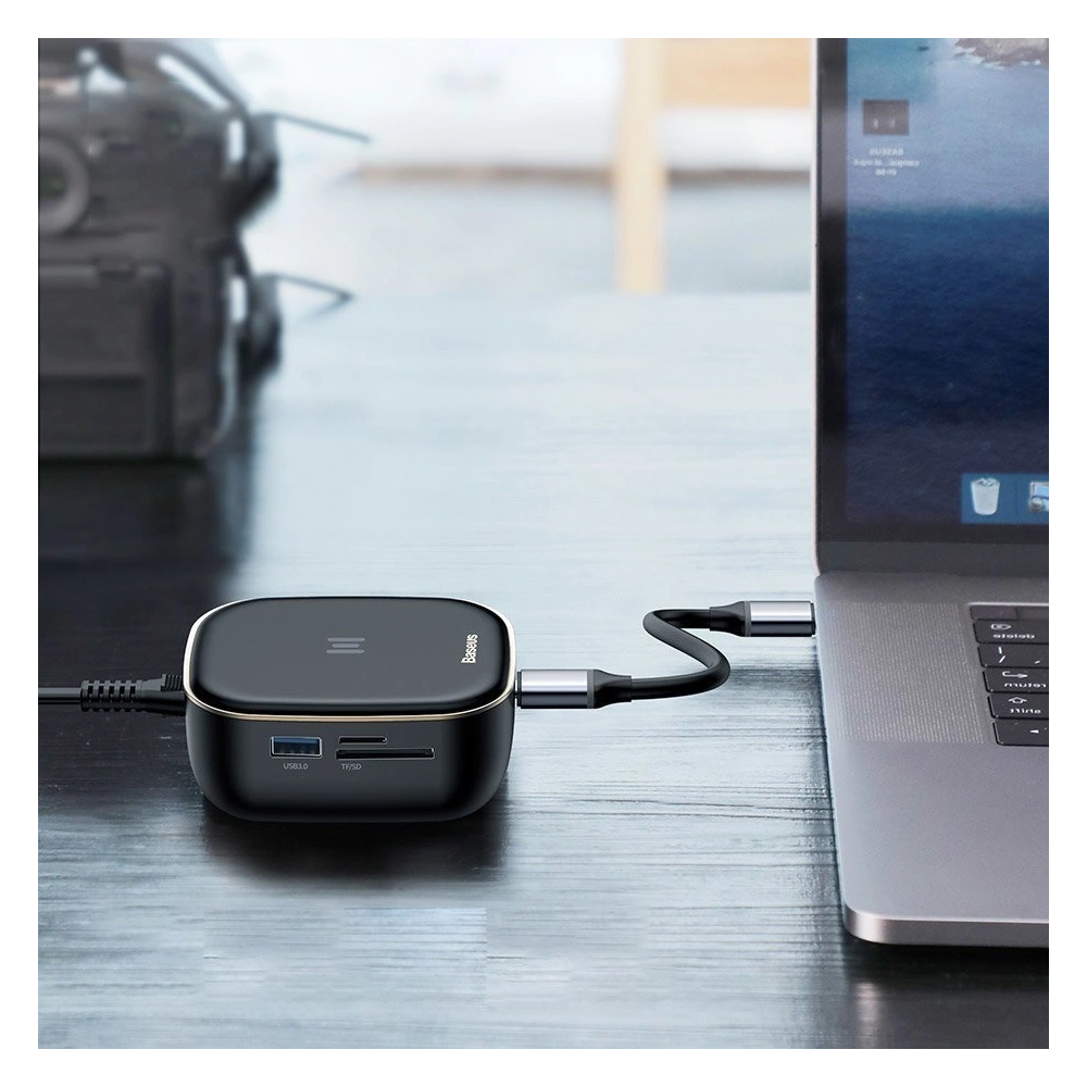 Hub Baseus 6in1 USB-C/czytnik kart pamięci/zewnętrzna karta sieciowa/USB 3.0/RJ45/HDMI/SD/micro SD PD 60W biały