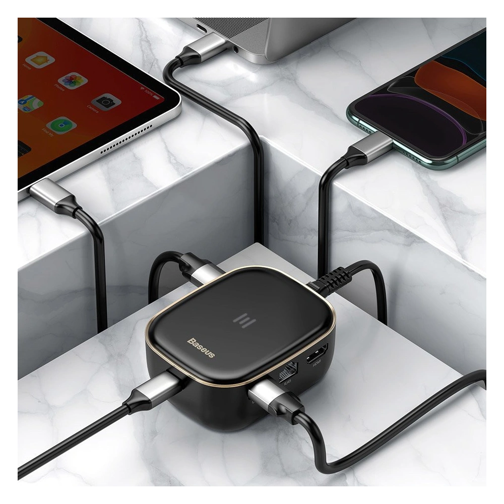 Hub Baseus 6in1 USB-C/czytnik kart pamięci/zewnętrzna karta sieciowa/USB 3.0/RJ45/HDMI/SD/micro SD PD 60W biały
