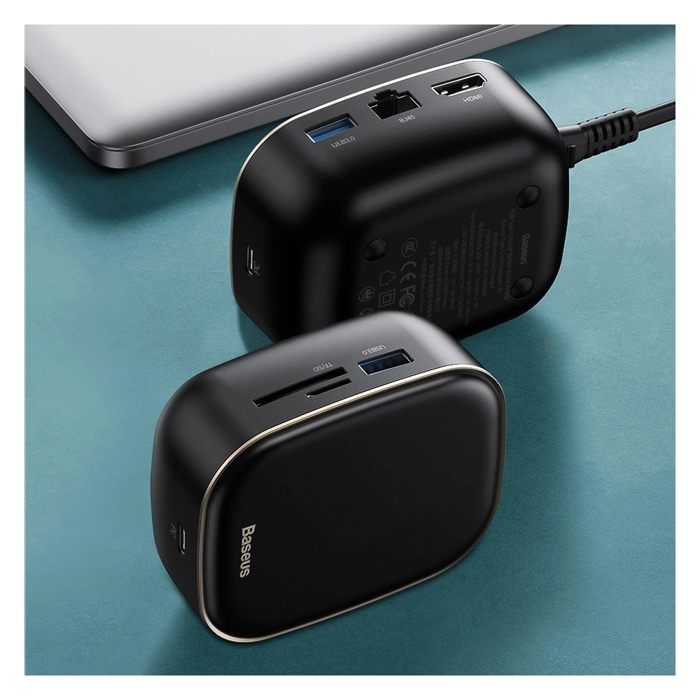 Hub Baseus 6in1 USB-C/czytnik kart pamięci/zewnętrzna karta sieciowa/USB 3.0/RJ45/HDMI/SD/micro SD PD 60W biały