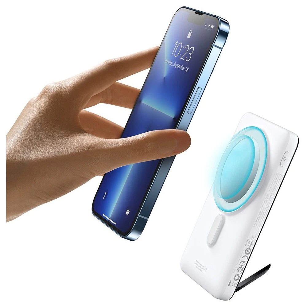 Powerbank Baseus Magnetic Bracket Wireless Charge MagSafe 10000mAh 20W biały + kabel USB-C Baseus Xiaobai Series 60W 0,5m