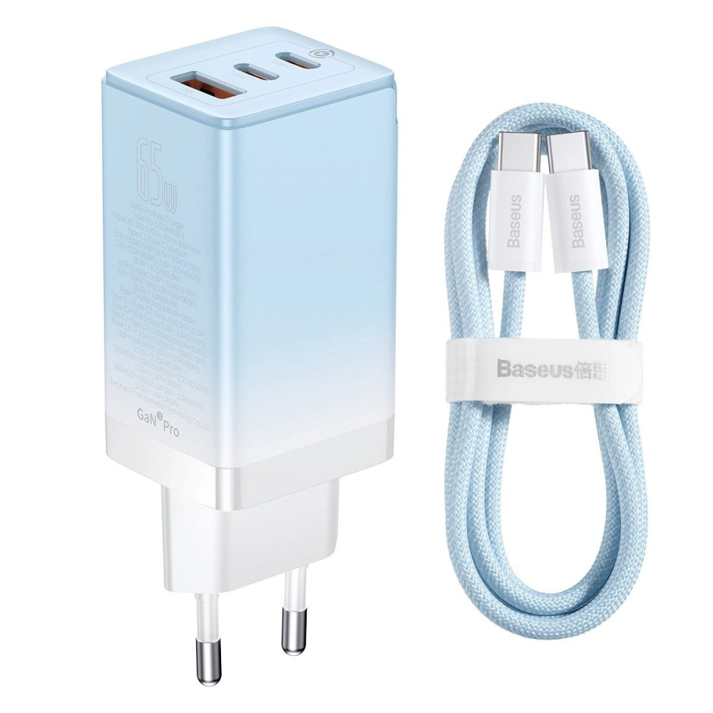 Ładowarka sieciowa GaN Baseus 2xUSB-C/USB 65W QC PD niebieski + kabel USB-C 100W 1m niebieski