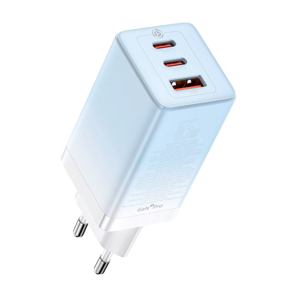 Ładowarka sieciowa GaN Baseus 2xUSB-C/USB 65W QC PD niebieski + kabel USB-C 100W 1m niebieski