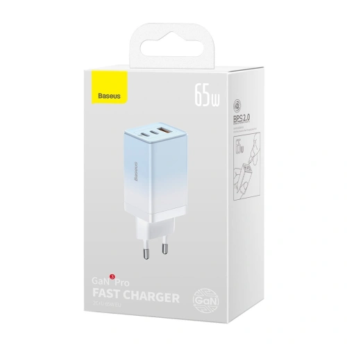 Kup GaN-Netzteil Baseus 2xUSB-C/USB 65W QC PD blau + USB-C-Kabel 100W 1m blau - BSU3598 - {ean13} - Sklep Home Screen