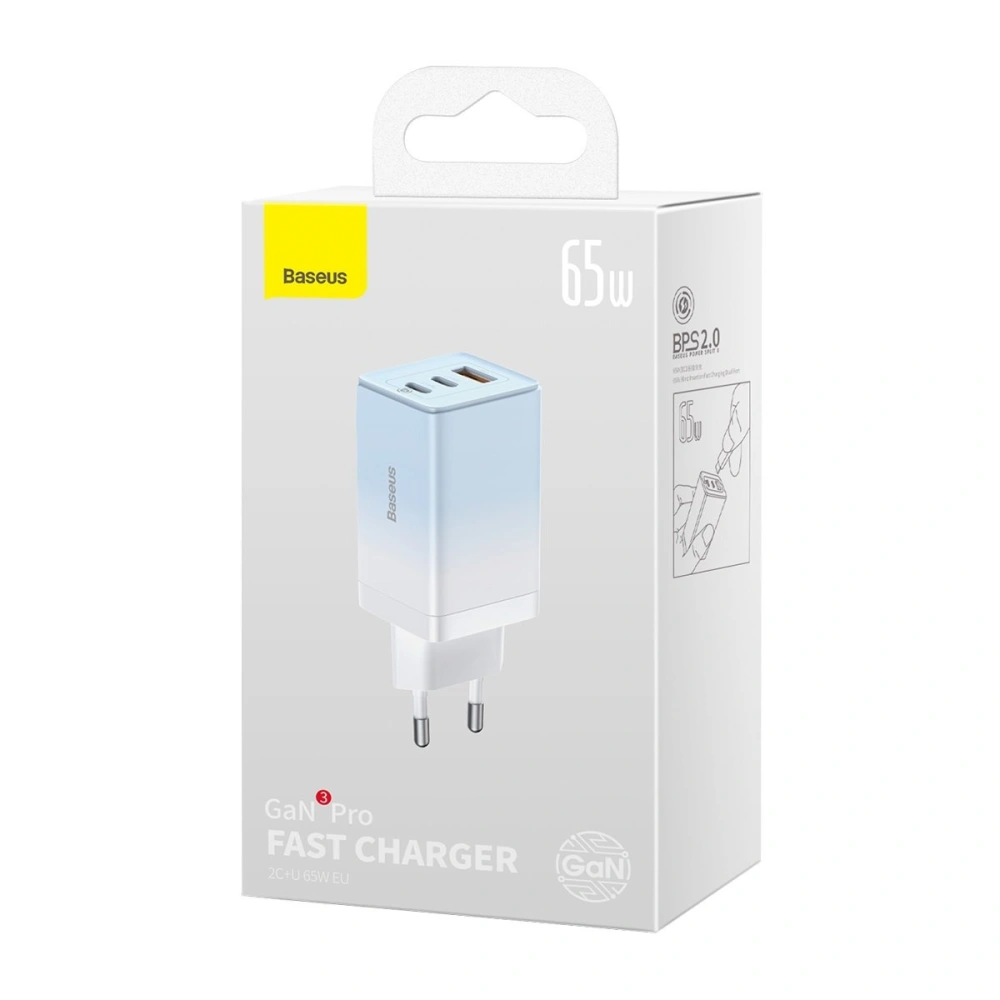 Ładowarka sieciowa GaN Baseus 2xUSB-C/USB 65W QC PD niebieski + kabel USB-C 100W 1m niebieski