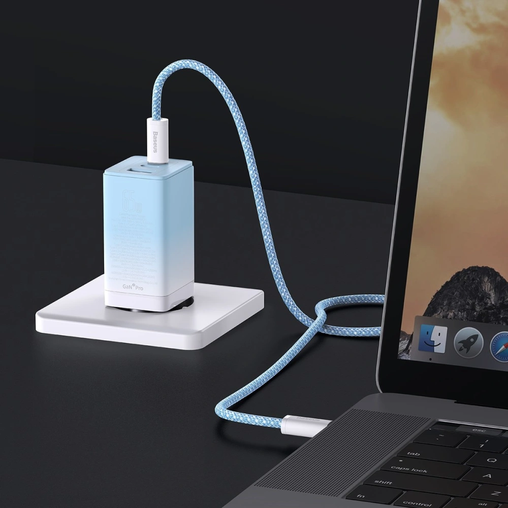 Ładowarka sieciowa GaN Baseus 2xUSB-C/USB 65W QC PD niebieski + kabel USB-C 100W 1m niebieski