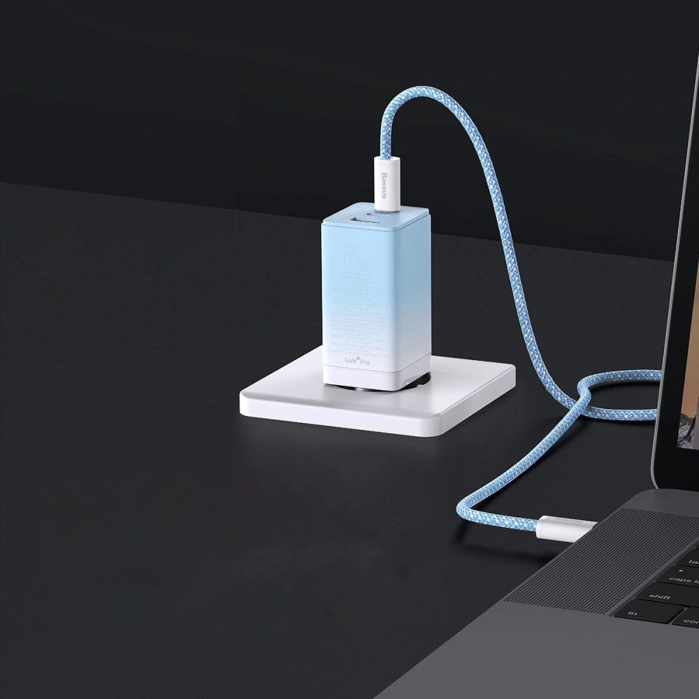 Ładowarka sieciowa GaN Baseus 2xUSB-C/USB 65W QC PD niebieski + kabel USB-C 100W 1m niebieski