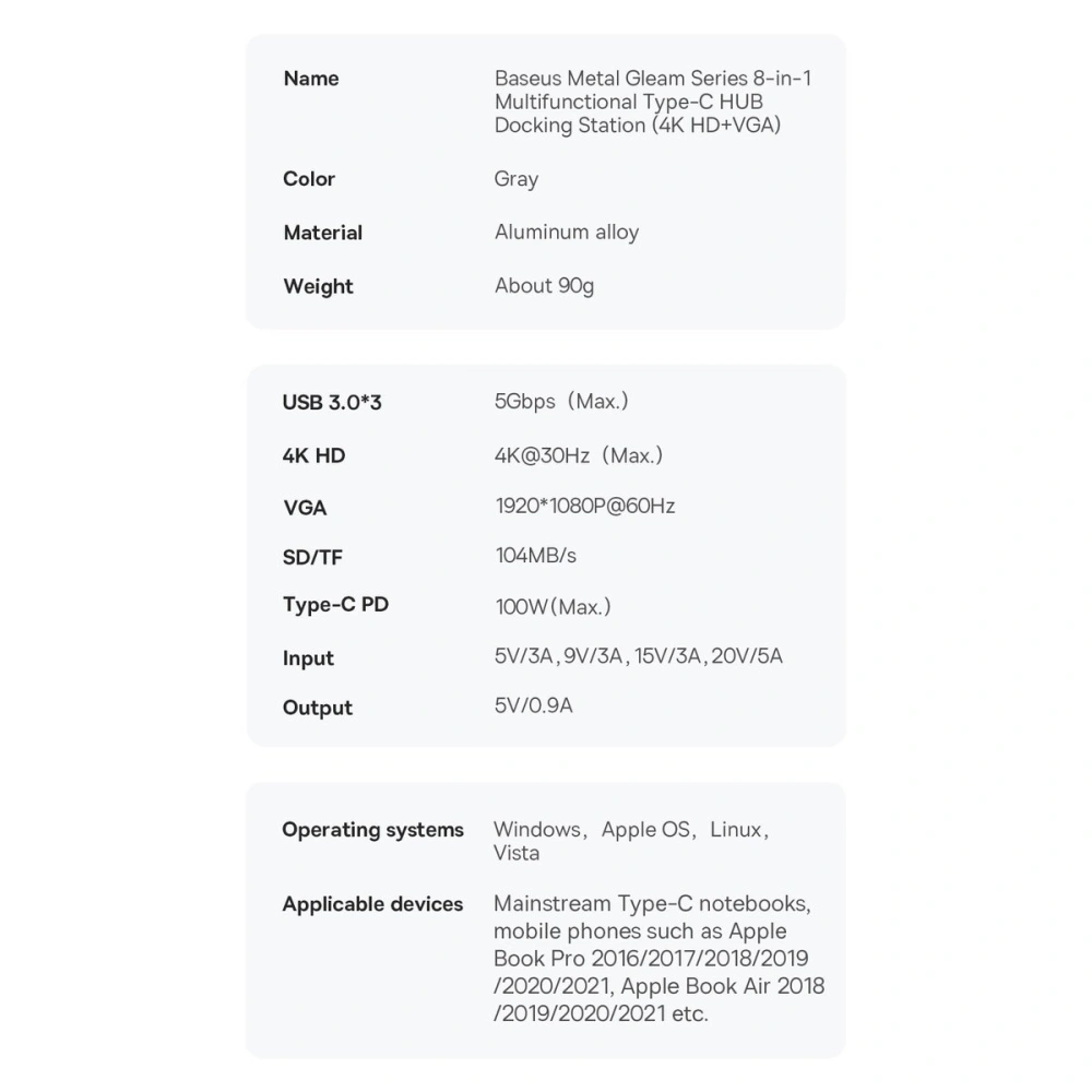 Hub Baseus Metal Gleam Series 8in1 USB-C - HDMI/3xUSB 3.2 Gen. 1/Power Delivery/czytnik kart SD/czytnik kart TF/VGA szary