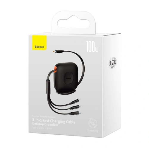 Kup Kábel tekercselt Baseus Traction Series 3in1 USB-C - microUSB/USB-C/Lightning Power Delivery 100W 1,7m fekete - BSU3603 - {ean13} - Sklep Home Screen