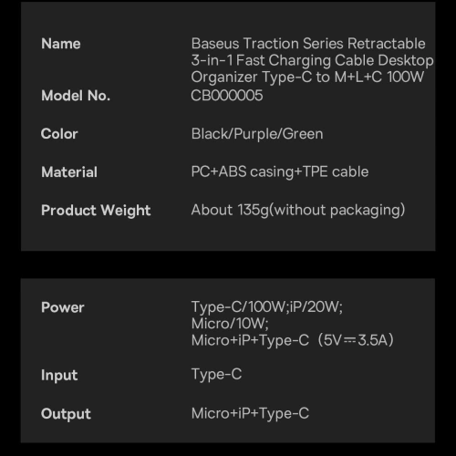 Kup Kábel tekercselt Baseus Traction Series 3in1 USB-C - microUSB/USB-C/Lightning Power Delivery 100W 1,7m fekete - BSU3603 - {ean13} - Sklep Home Screen