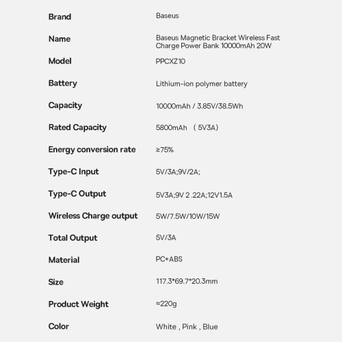 Kup Powerbank Baseus Magnetic Bracket Wireless Charge MagSafe 10000mAh 20W Overseas Edition albastru + cablu USB-C Xiaobai 60W 0,5m - BSU3604 - {ean13} - Sklep Home Screen