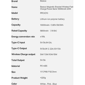Buy Baseus Magnetic Bracket Powerbank Wireless Charge MagSafe 10000mAh 20W Overseas Edition white + USB-C Xiaobai Cable 60W 0.5m - BSU3605 - {ean13} - Home Screen Store Europe