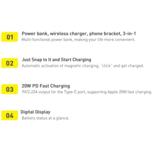Buy Baseus Magnetic Bracket Powerbank Wireless Charge MagSafe 10000mAh 20W Overseas Edition white + USB-C Xiaobai Cable 60W 0.5m - BSU3605 - {ean13} - Home Screen Store Europe