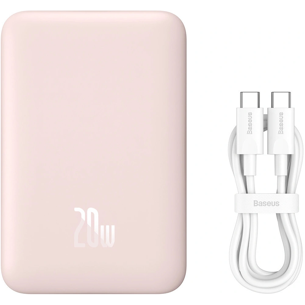 Powerbank Baseus Magnetic Mini 10000mAh 20W różowy + kabel USB-C/USB-C 60W 0,5m biały