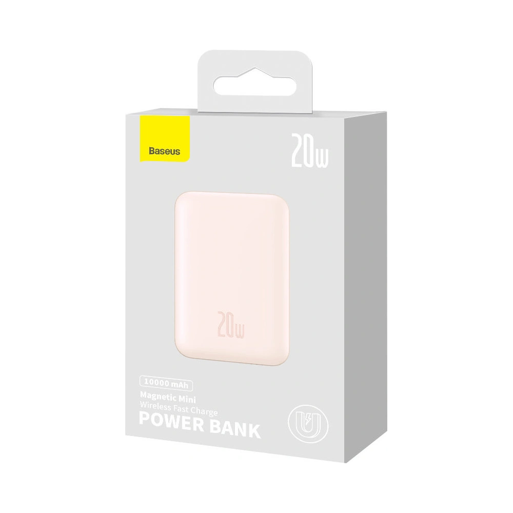 Powerbank Baseus Magnetic Mini 10000mAh 20W różowy + kabel USB-C/USB-C 60W 0,5m biały