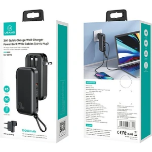 USAMS PB63 Powerbank 3in1 10000mAh 20W QC US+EU Plug + USB-C/Lightning/microUSB Cable black 10KCD17201