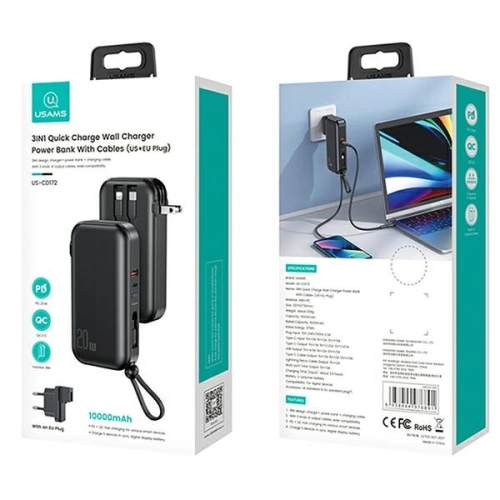 Kup Powerbank USAMS PB63 3v1 10000mAh 20W QC US+EU zástrčka + kabel USB-C/Lightning/MicroUSB černý/black 10KCD17201 - USA789 - {ean13} - Sklep Home Screen