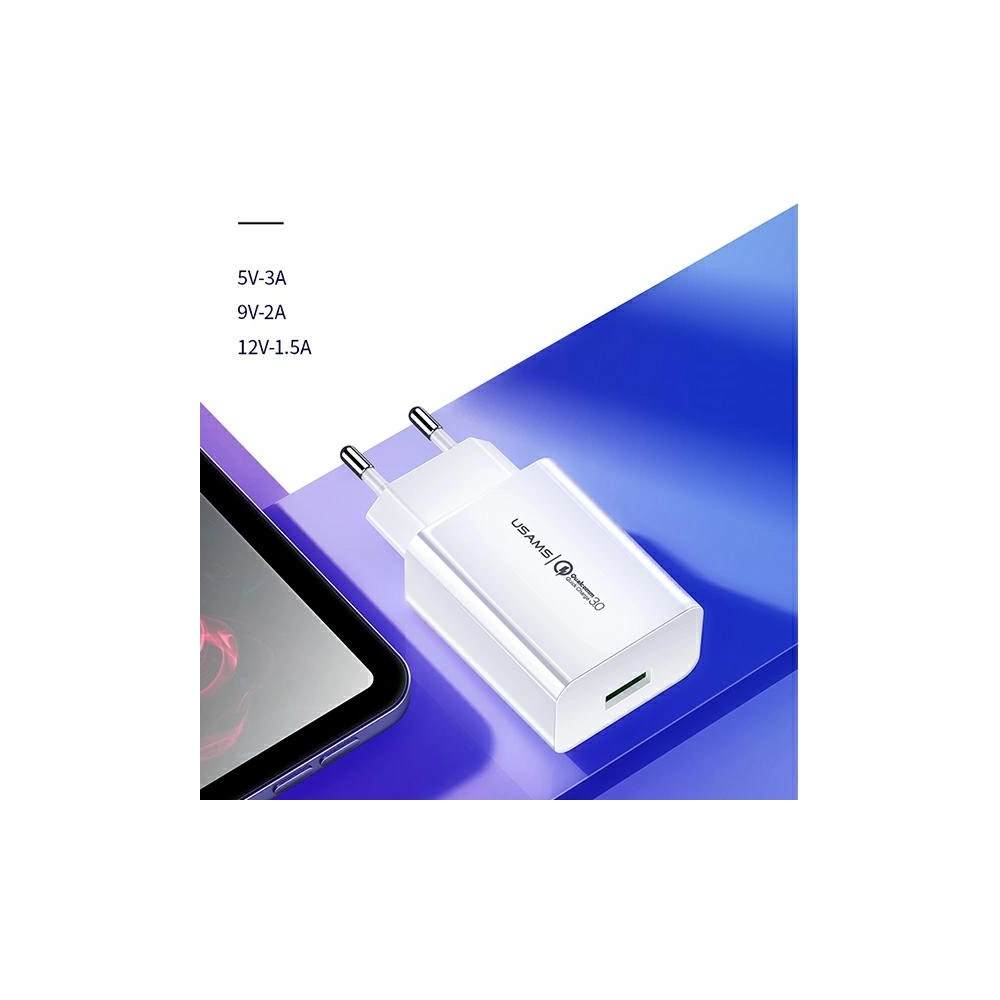 Ładowarka sieciowa USAMS T22 1xUSB 18W 3A QC3.0 + kabel USB-C 1m biały/white T48OCLN01