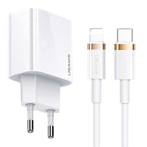 Kup Încărcător de rețea USAMS T34 1xUSB-C 20W 5V-3A PD3.0 + cablu U63 USB-C/Lightning 20W alb/white T49OCLN01 - USA798 - {ean13} - Sklep Home Screen