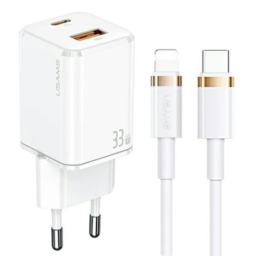 Kup Încărcător de rețea USAMS T43 1xUSB-C/1xUSB 33W PD 3.0 + QC 3.0 + cablu U63 USB-C/Lightning alb/white USKTZ02 - USA799 - {ean13} - Sklep Home Screen