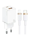 Încărcător de rețea USAMS T43 1xUSB-C/1xUSB 33W PD 3.0 + QC 3.0 + cablu U63 USB-C/Lightning alb/white USKTZ02