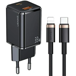 Ładowarka sieciowa USAMS T43 1xUSB-C/1xUSB 33W PD 3.0 + QC 3.0  + kabel U63 USB-C/Lightning czarny/black USKTZ01