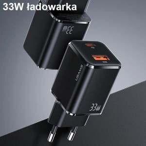 Ładowarka sieciowa USAMS T43 1xUSB-C/1xUSB 33W PD 3.0 + QC 3.0  + kabel U63 USB-C/Lightning czarny/black USKTZ01