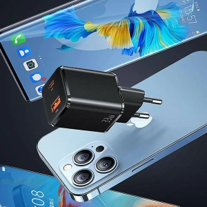 Ładowarka sieciowa USAMS T43 1xUSB-C/1xUSB 33W PD 3.0 + QC 3.0  + kabel U63 USB-C/Lightning czarny/black USKTZ01