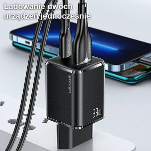 Ładowarka sieciowa USAMS T43 1xUSB-C/1xUSB 33W PD 3.0 + QC 3.0  + kabel U63 USB-C/Lightning czarny/black USKTZ01