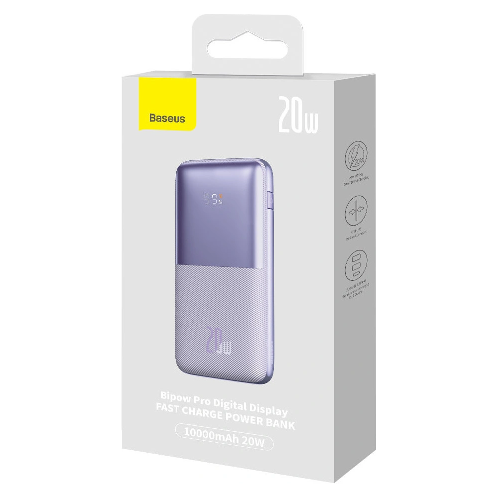 Powerbank Baseus Bipow Pro 10000mAh 20W + kabel USB-A/USB-C 3A 0.3m fioletowy