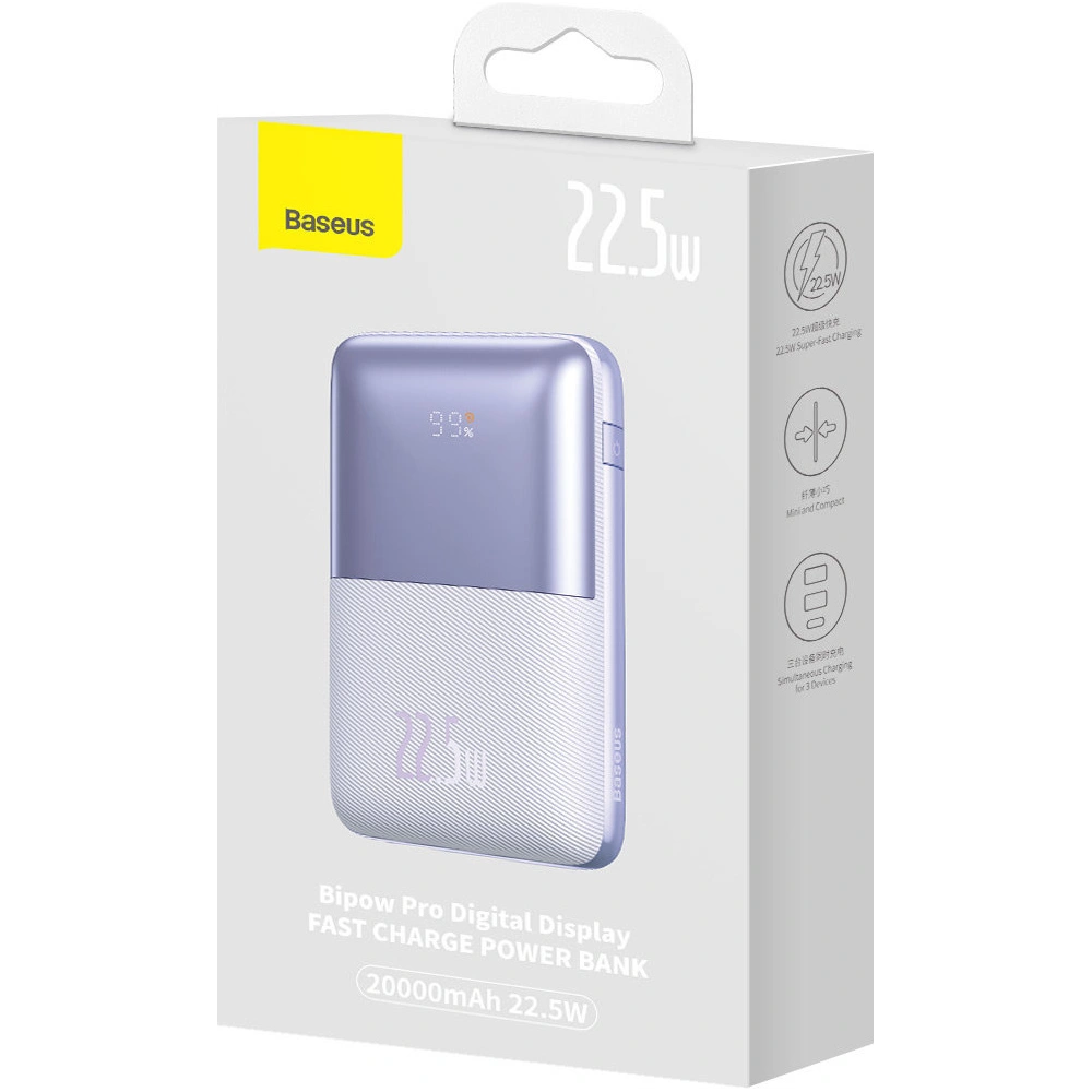 Powerbank Baseus Bipow Pro 20000mAh 22.5W + kabel USB-A/USB-C 3A 0.3m fioletowy