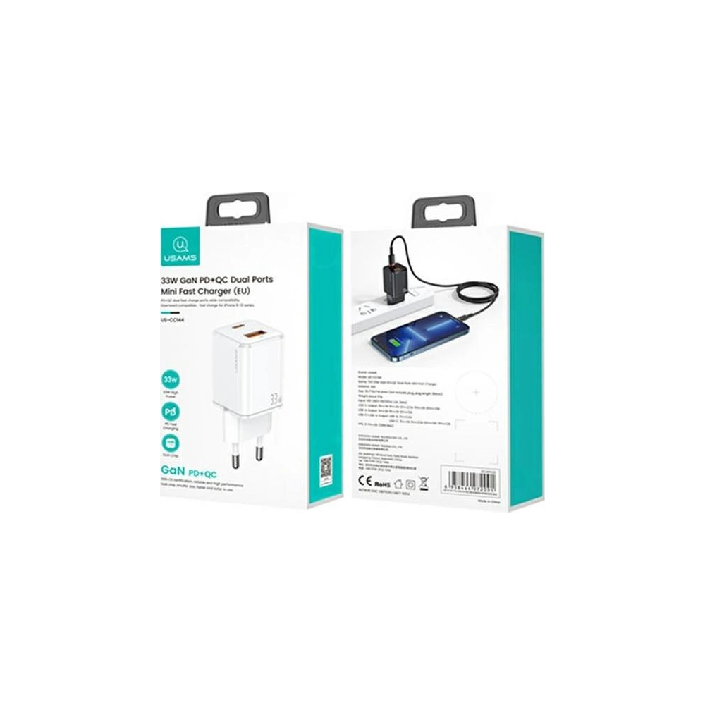 Ładowarka sieciowa USAMS T43 1xUSB-C+1xUSB 33W PD3.0 +QC3.0 Fast Charging biały/white CC144TC02