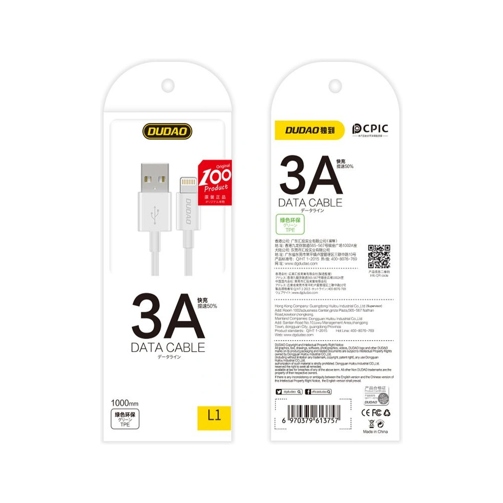 Kabel Dudao USB/Lightning 3A 1m biały (L1L)