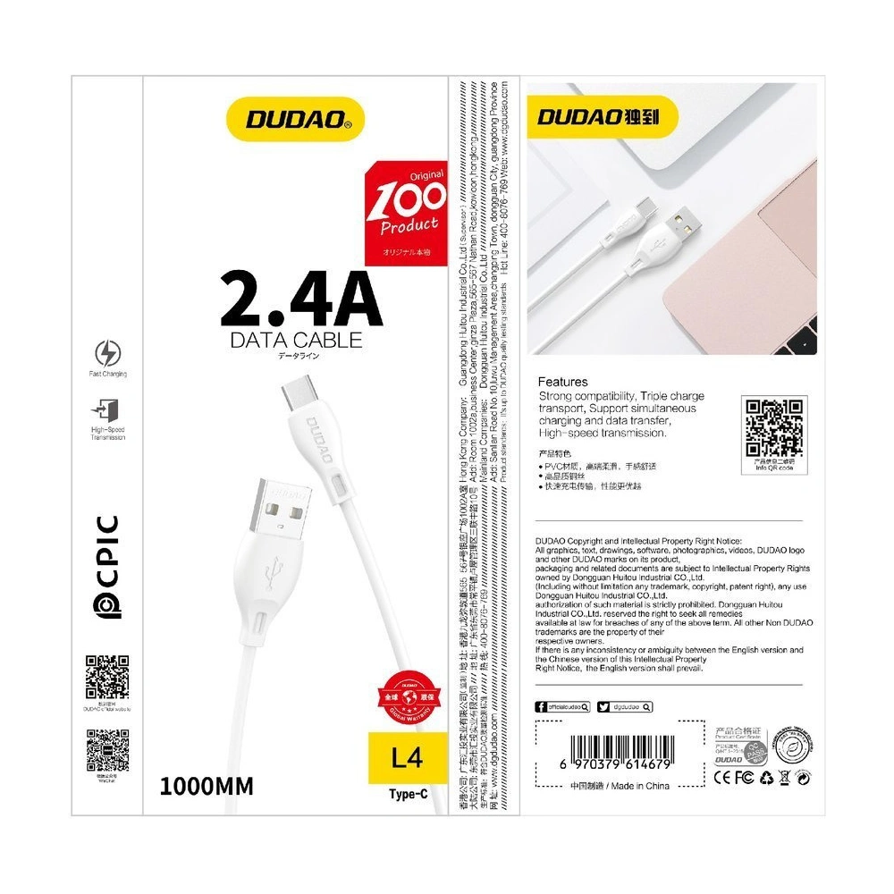 Kabel Dudao USB/Lightning 2.4A 1m biały (L4L)