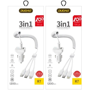 Kup Ładowarka samochodowa Dudao 2x USB 2.4A + kabel USB 3w1 Lightning/USB-C/microUSB biały (R7) - DDA24 - {ean13} - Sklep Home Screen