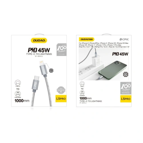 Kup Kabel Dudao USB-C/Lightning Power Delivery 45W 1m grau (L5Pro) - DDA41 - {ean13} - Sklep Home Screen