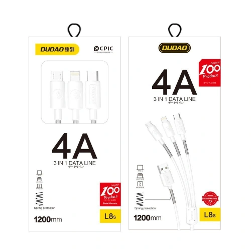 Kup Cablul Dudao 3w1 USB - Lightning/USB-C/microUSB 1.2m 4A alb (L8s) - DDA42 - {ean13} - Sklep Home Screen
