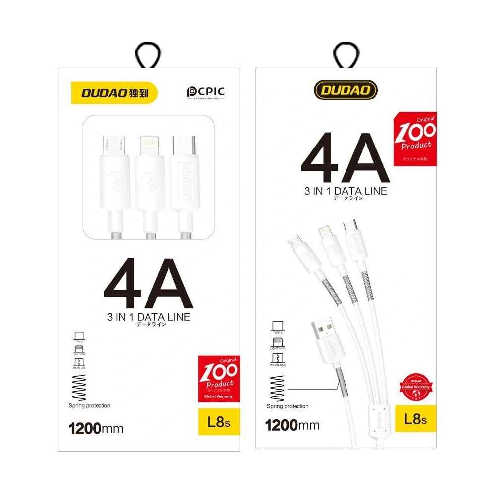 Kabel Dudao 3w1 USB - Lightning/USB-C/microUSB 1.2m 4A biały (L8s)