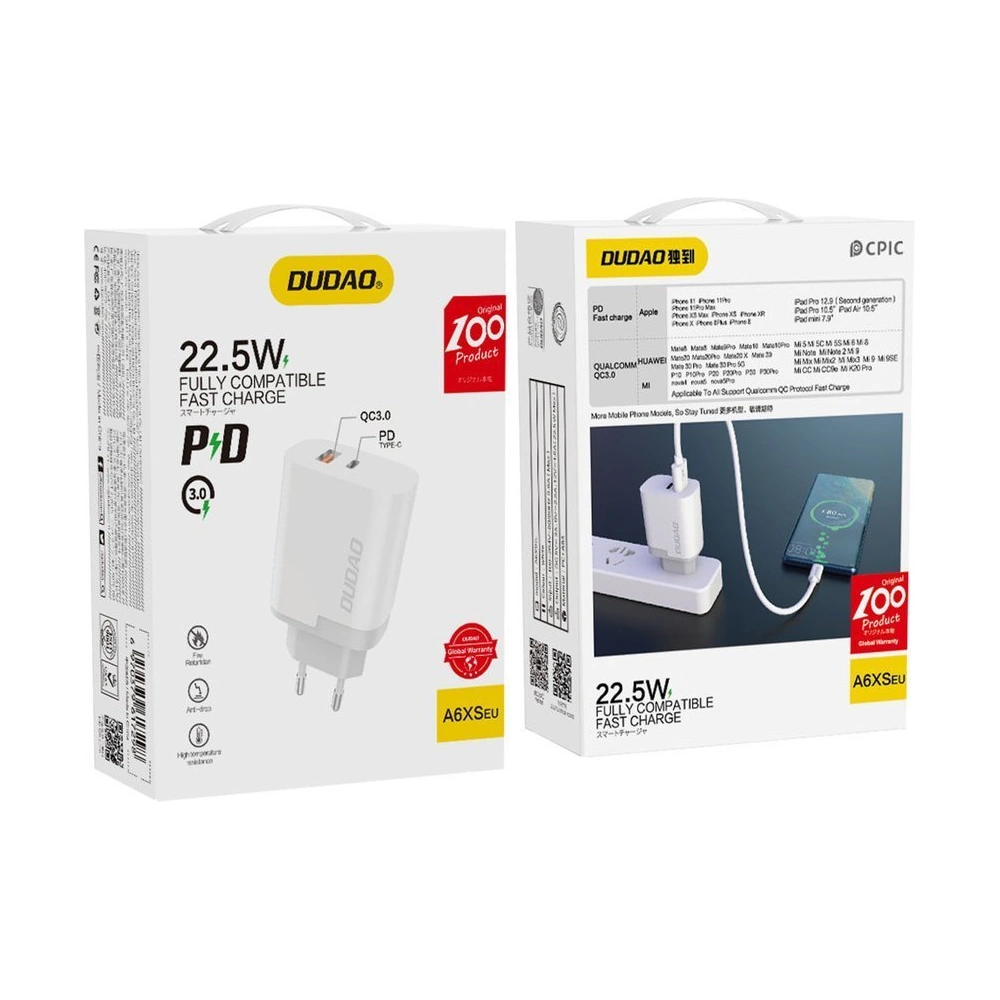 Ładowarka sieciowa Dudao USB/USB-C Power Delivery Quick Charge 3.0 3A 22,5W biały (A6xsEU white)